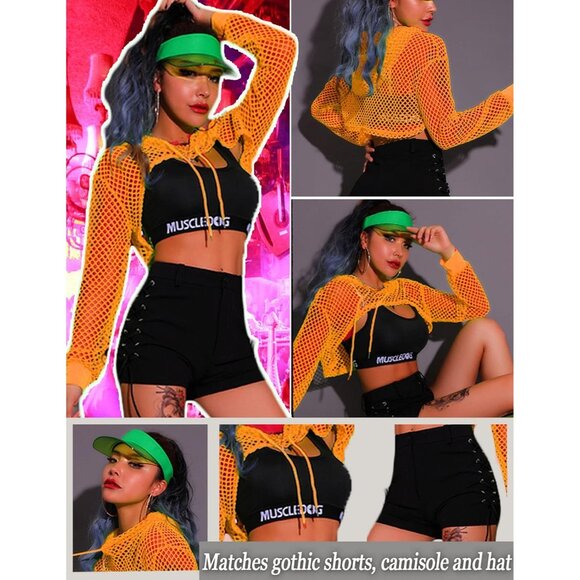 🆕Women’s Orange Mesh Hoodie Crop Top Long Sleeve Fishnet Shirt Casual Hoodie - Picture 2 of 6